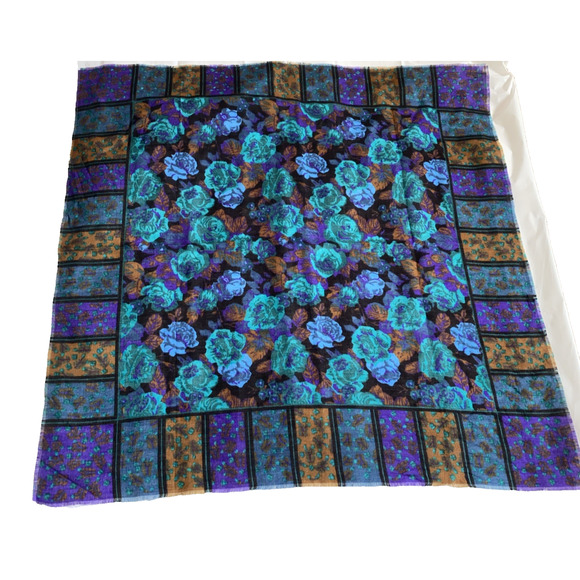 GLENTEX Accessories - Vintage Glentex Purple Acrylic Scarf W/ Blue & Purple Rose Pattern 30x30" Japan